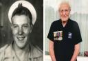 Reg Bishop in 1942 after enlisting into the Royal Navy and again in 2017, wearing a Royal Navy polo shirt with his war medals.