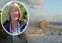 The sea crashing into the promenade at Mundesley. Inset, North Norfolk district councillor Angie Fitch-Tillett.