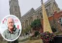 The coronavirus-themed alternative Christmas tree in front of Cromer Museum. Inset, designer and builder, Jim Bond.