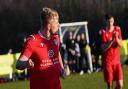 Billy Wenn from Sheringham FC after scoring a penalty in their Norfolk Senior Cup match against Harleston Town.