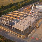 An aerial photograph of the new state-of-the-art Sheringham leisure centre called The Reef which is now being built.