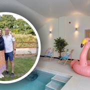 Inset, Kimberley Morrison and husband Ben Halton-Farrow; the newly installed pool at Wensum Retreat, South Raynham