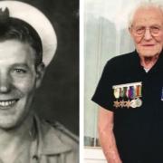 Reg Bishop in 1942 after enlisting into the Royal Navy and again in 2017, wearing a Royal Navy polo shirt with his war medals.