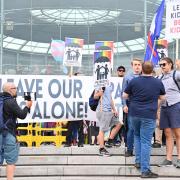 A group named the 'Patriotic Alternative' protesting a drag queen story time outside the Forum in Norwich