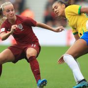 England's Beth Mead (left) and Brazil's Feitoza Kathellen during the International Friendly match at the Riverside Stadium, Middlesbrough. PA Photo. Picture date: Saturday October 5, 2019. See PA story SOCCER England Women. Photo credit should read: Owen