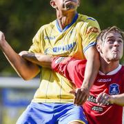 Jamie Forshaw, right, saw a penalty saved during Wroxham's weekend win. Picture: MATTHEW USHER