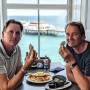 Owners Spencer Gray and Galton Blackiston enjoying fish and chips at Upstairs at No1 Cromer