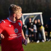 Billy Wenn from Sheringham FC after scoring a penalty in their Norfolk Senior Cup match against Harleston Town.