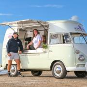 Justyn Goff and Sam Bishop in their split-screen ice cream van