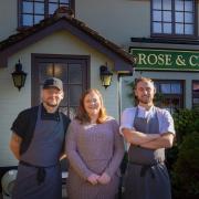 Shannon Durrant (owner), Beverly Rogers (front of house manager) and Will Horne (head chef) outside The Rose and Crown in Harpley